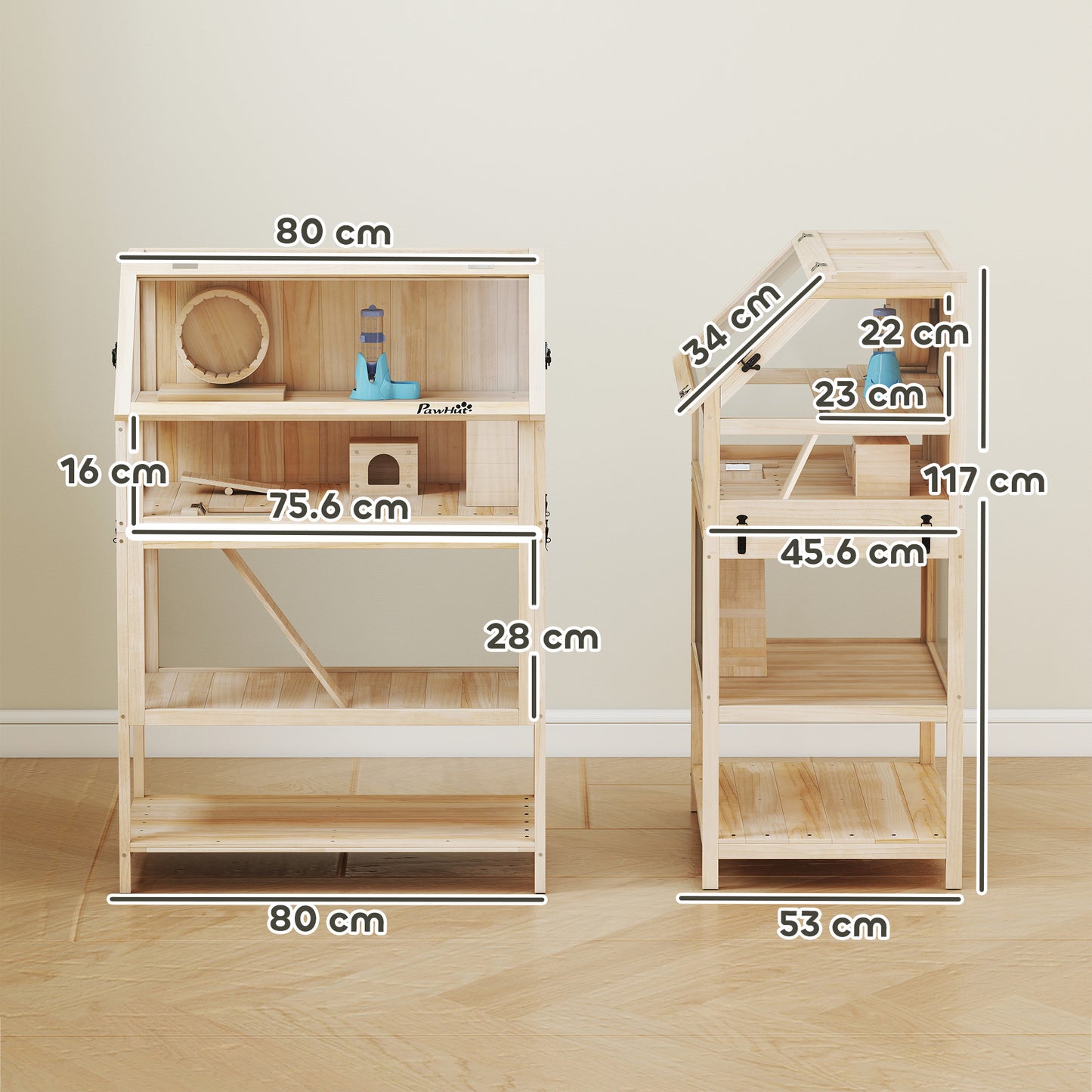 Wooden Hamster Cage with Detachable Lower Floor, Storage Shelf, Hut, Seesaw, Exercise Wheel, Ramps for Hamster
