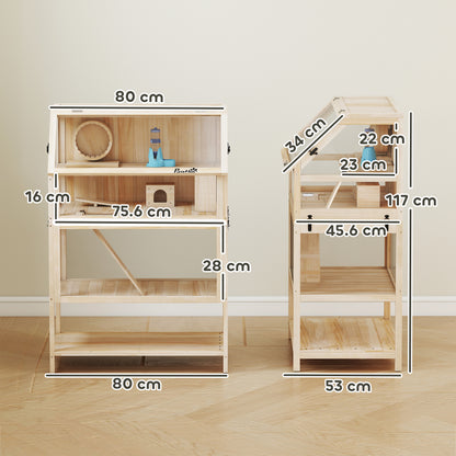 Wooden Hamster Cage with Detachable Lower Floor, Storage Shelf, Hut, Seesaw, Exercise Wheel, Ramps for Hamster