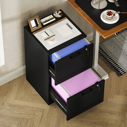2 Drawer Filing Cabinet with Lock, Office Storage Cabinet with Adjustable Hanging Bars for A4 Letter Size Files, Black