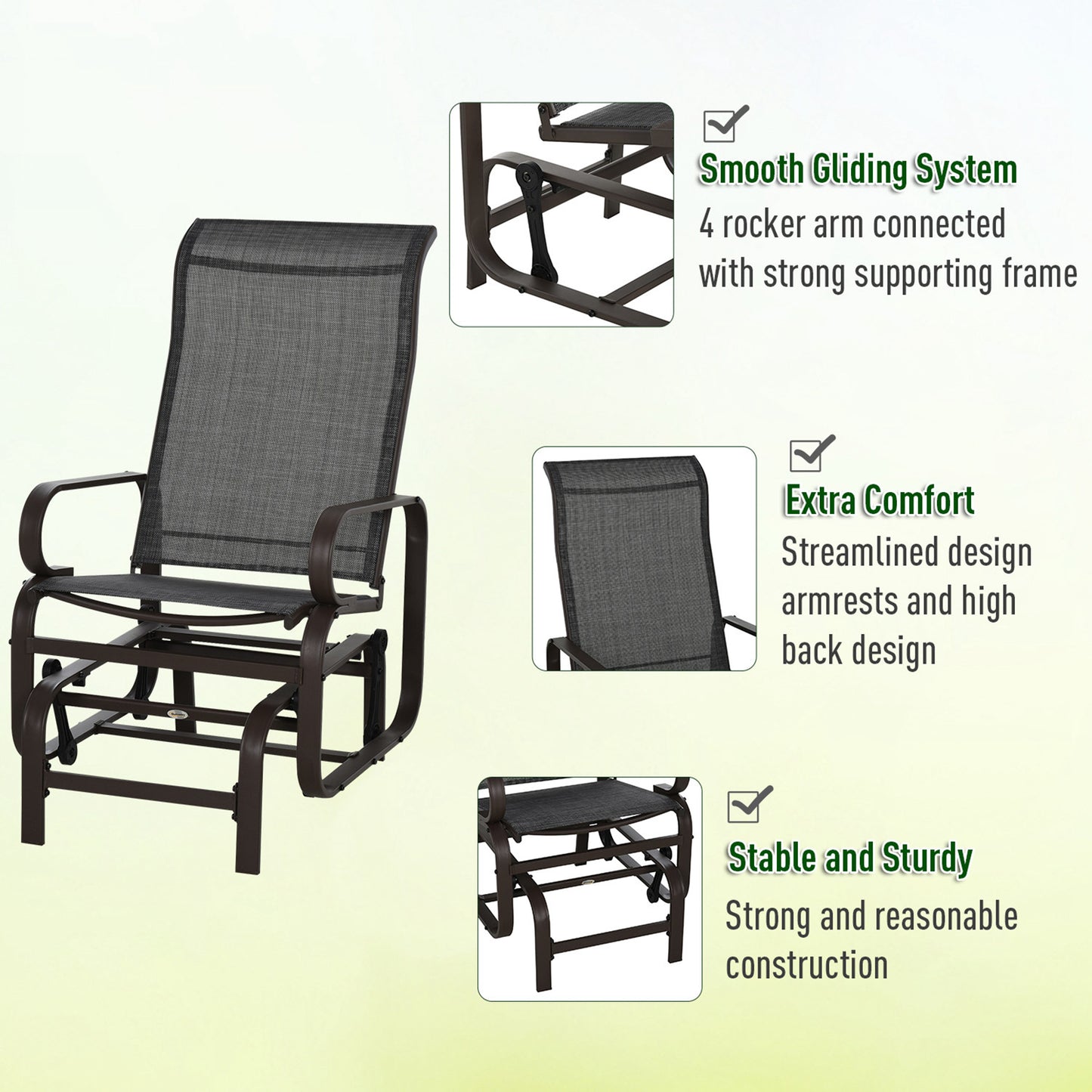 3 Pieces Garden Gliding Chair Set, Metal Frame 2 Single Armchair Swing Seater and 1 Glass Top Coffee Table w/ Breath Mesh Fab