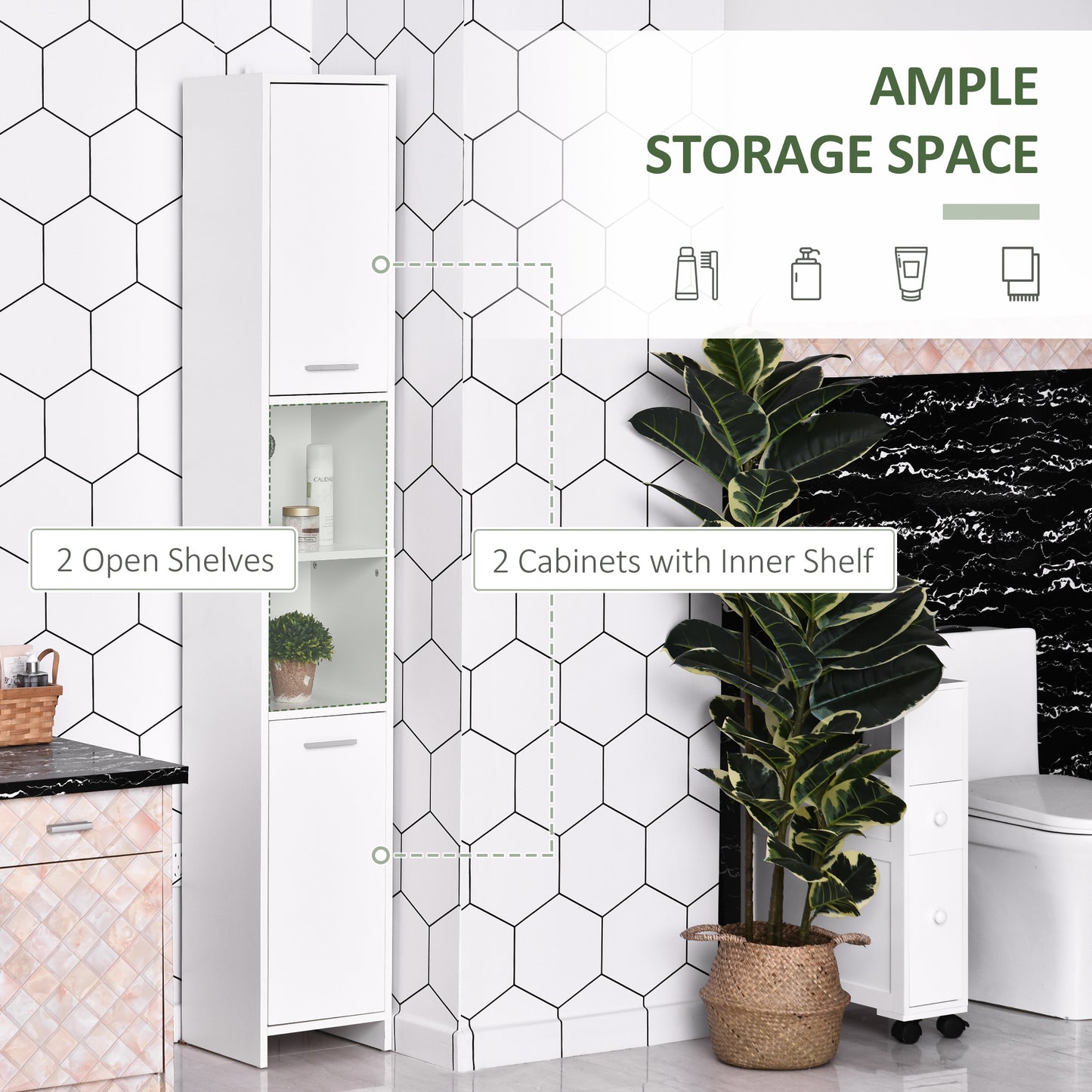 Tall Bathroom Storage Cabinet with Three-position Adjustable Shelves For Neutral Style, Hallway White