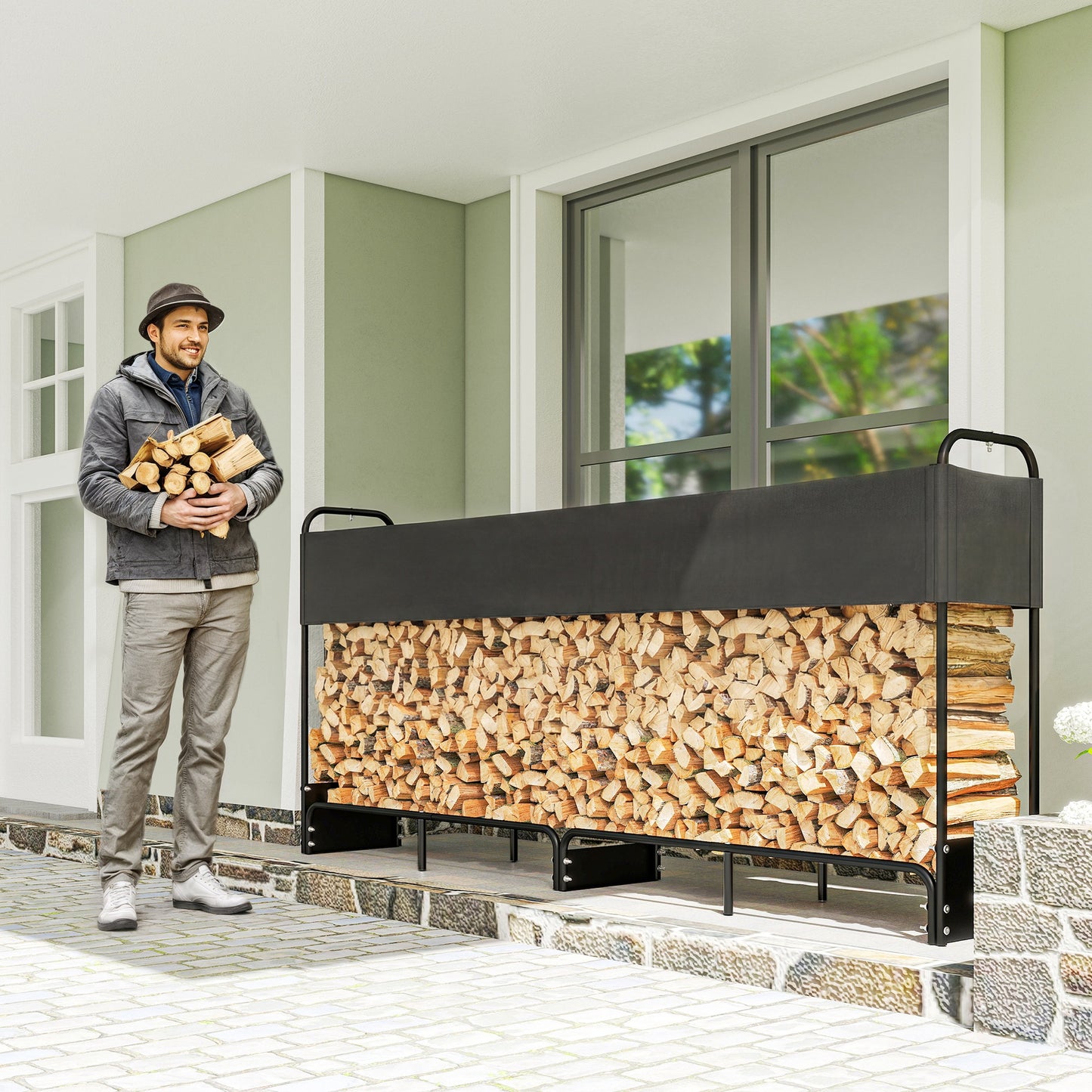8.5ft Firewood Rack, Heavy Duty Log Storage Holder with Waterproof 600D Oxford Log Cover for Fireplace Fire Pits Outdoor Pati