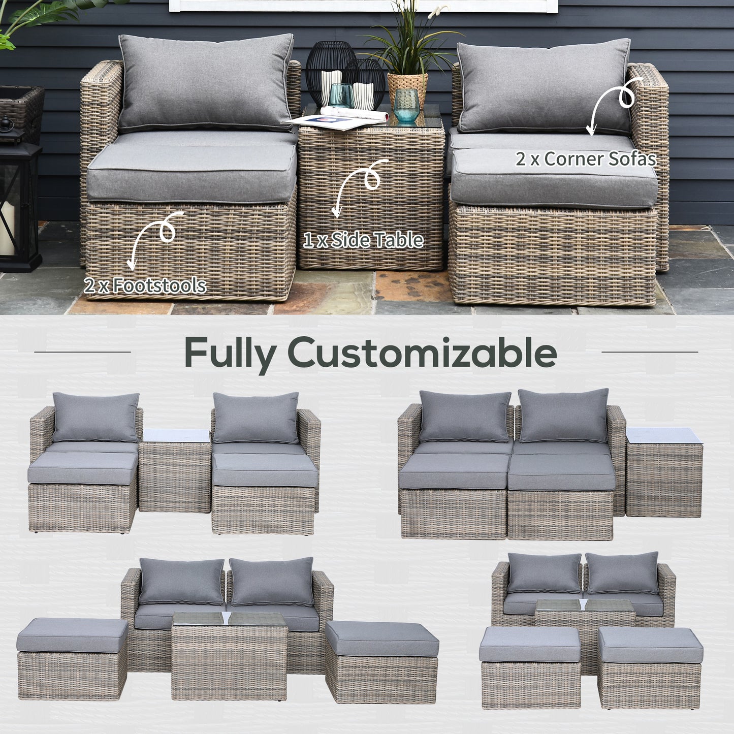 5 Piece Rattan Garden Furniture Set w/ 10cm Thick Cushions
