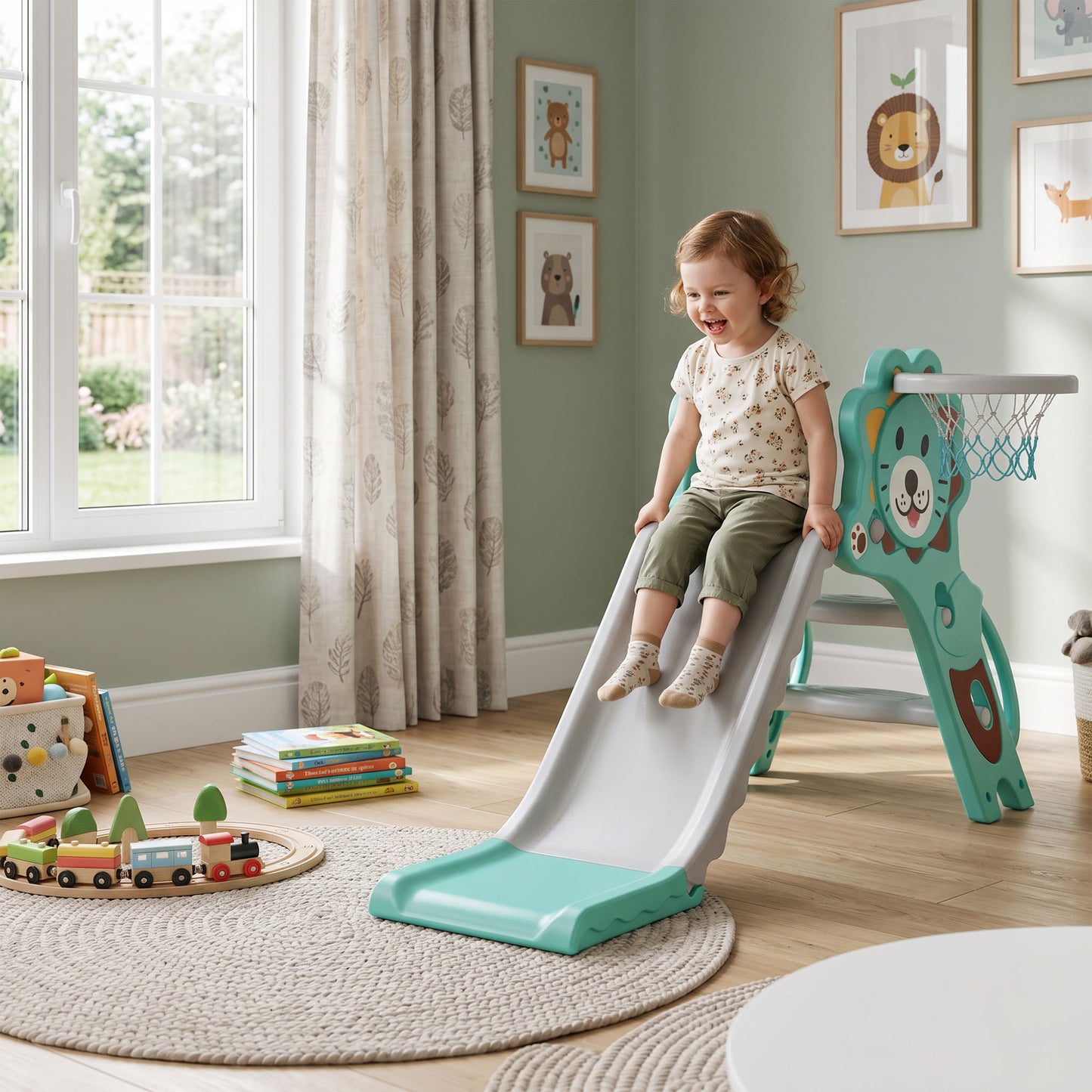 Baby Slide with Basketball Hoop, Climber, Easy to Assemble Kids Slide for Indoor Use, for Ages 18-36 Months - Blue