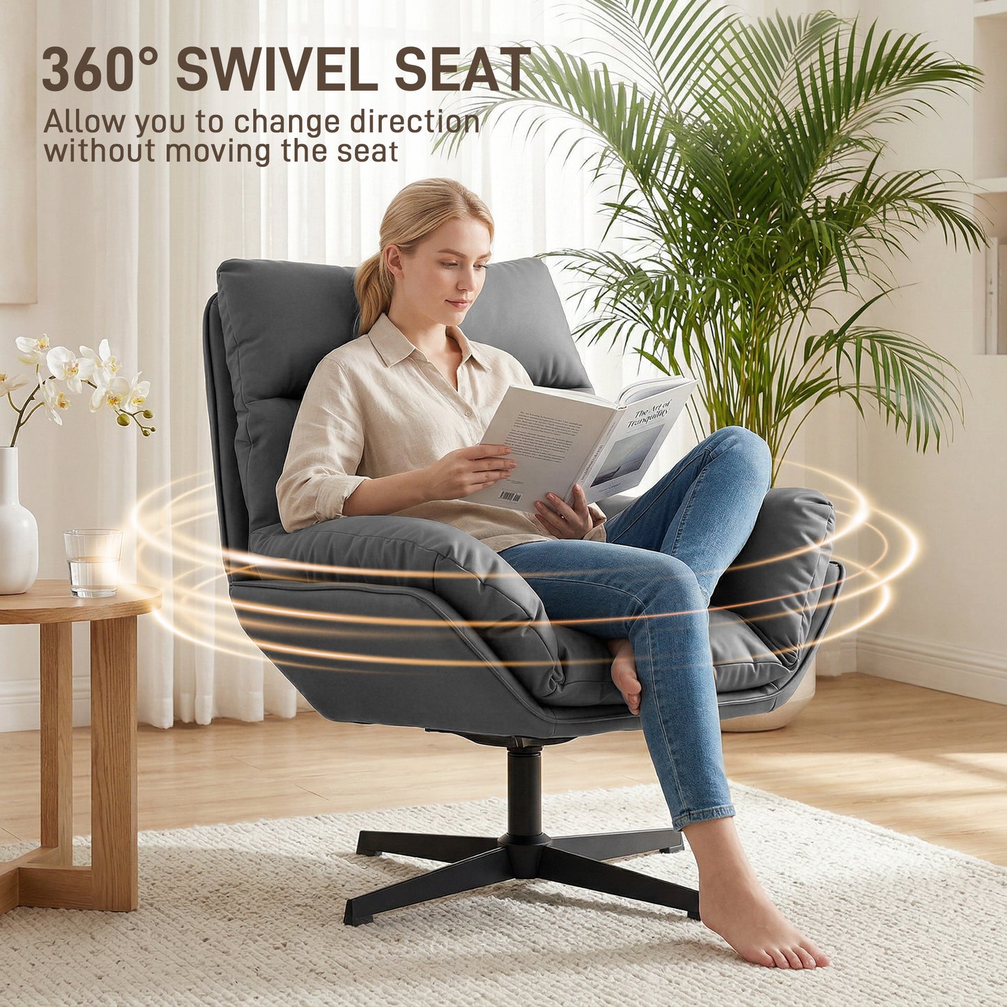 Accent Chair with 360 Swivel Armchair for Living Room with Padded Cushion Dark Grey