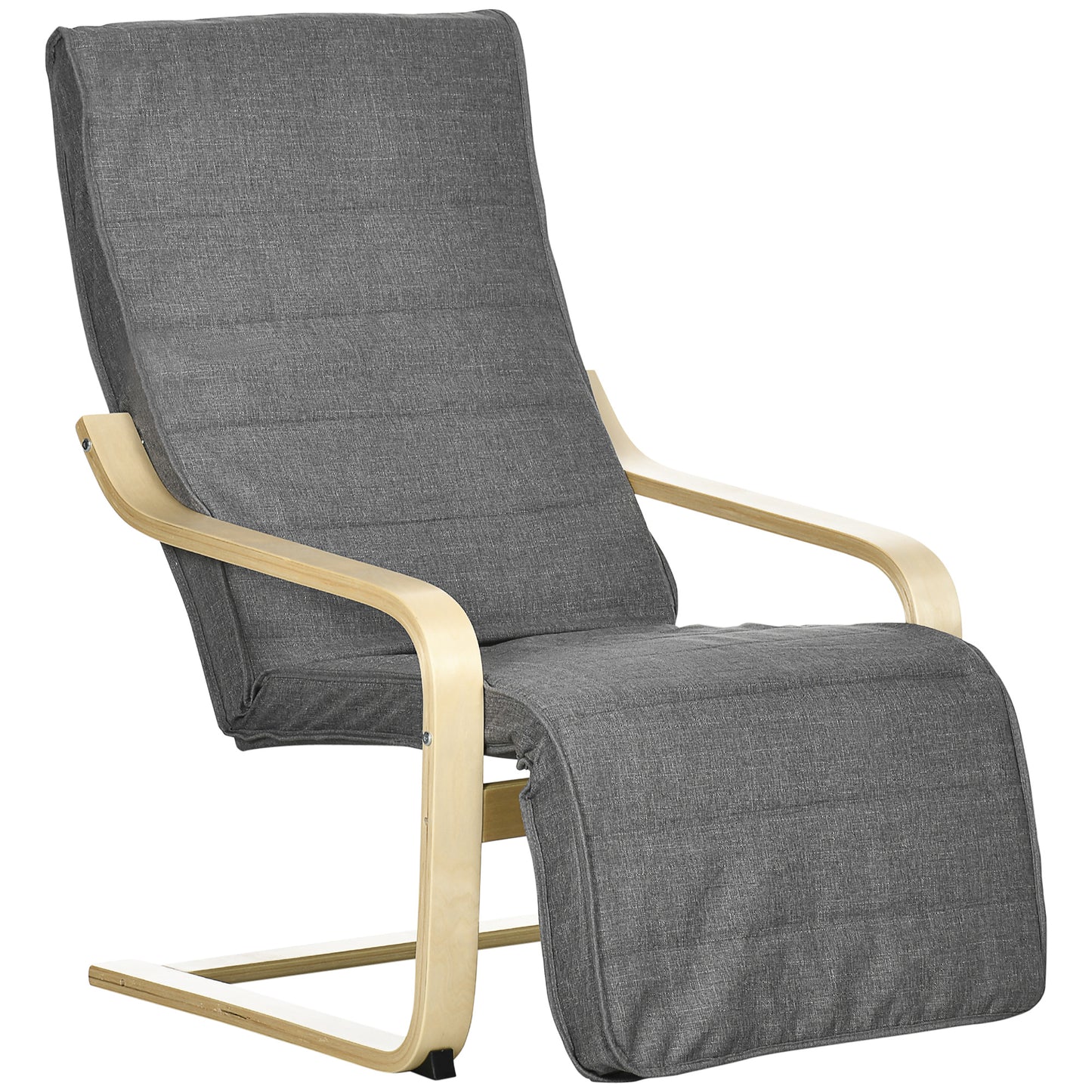 Wooden Armchair, Upholstered Linen Lounge Chair with Adjustable Footrest & Removable Cushion, Poang Chair for Living Room