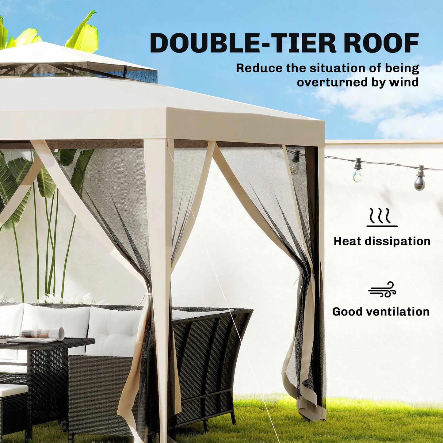 3 x 3 m Gazebo, Netting Party Tent, Patio Canopy Outdoor Event Shelter with Double Tier Roof, Beige