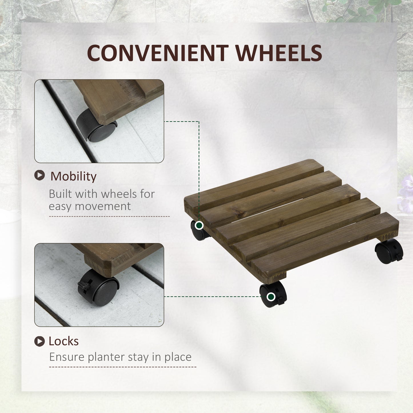 2 Pack Plant Caddy with Wheels, 30 cm Square Wooden Plant Pot Trolley, Pot Caddy for Outdoor Patios, Decks and Indoors