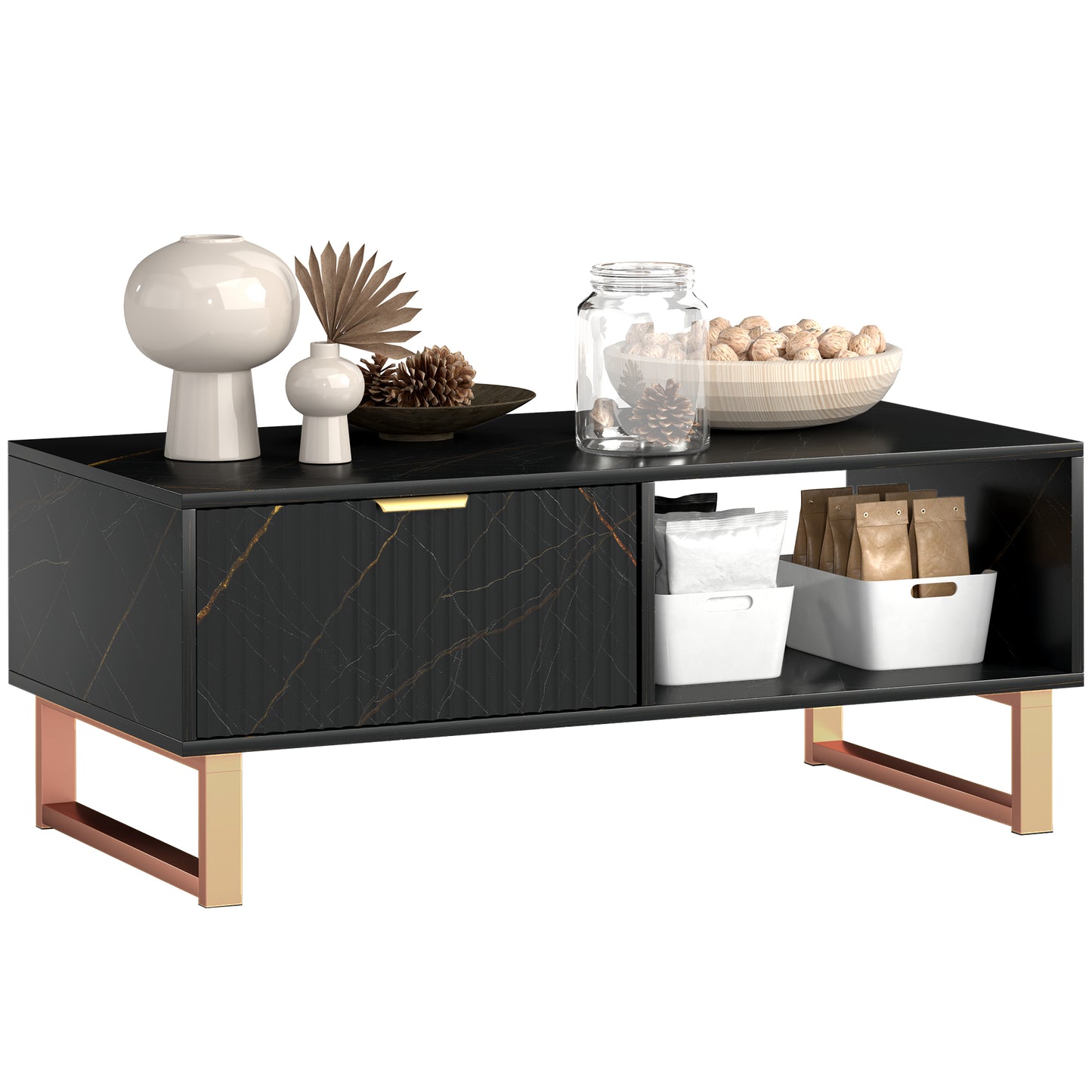 Elegant Marble Effect Storage Coffee Table - Black