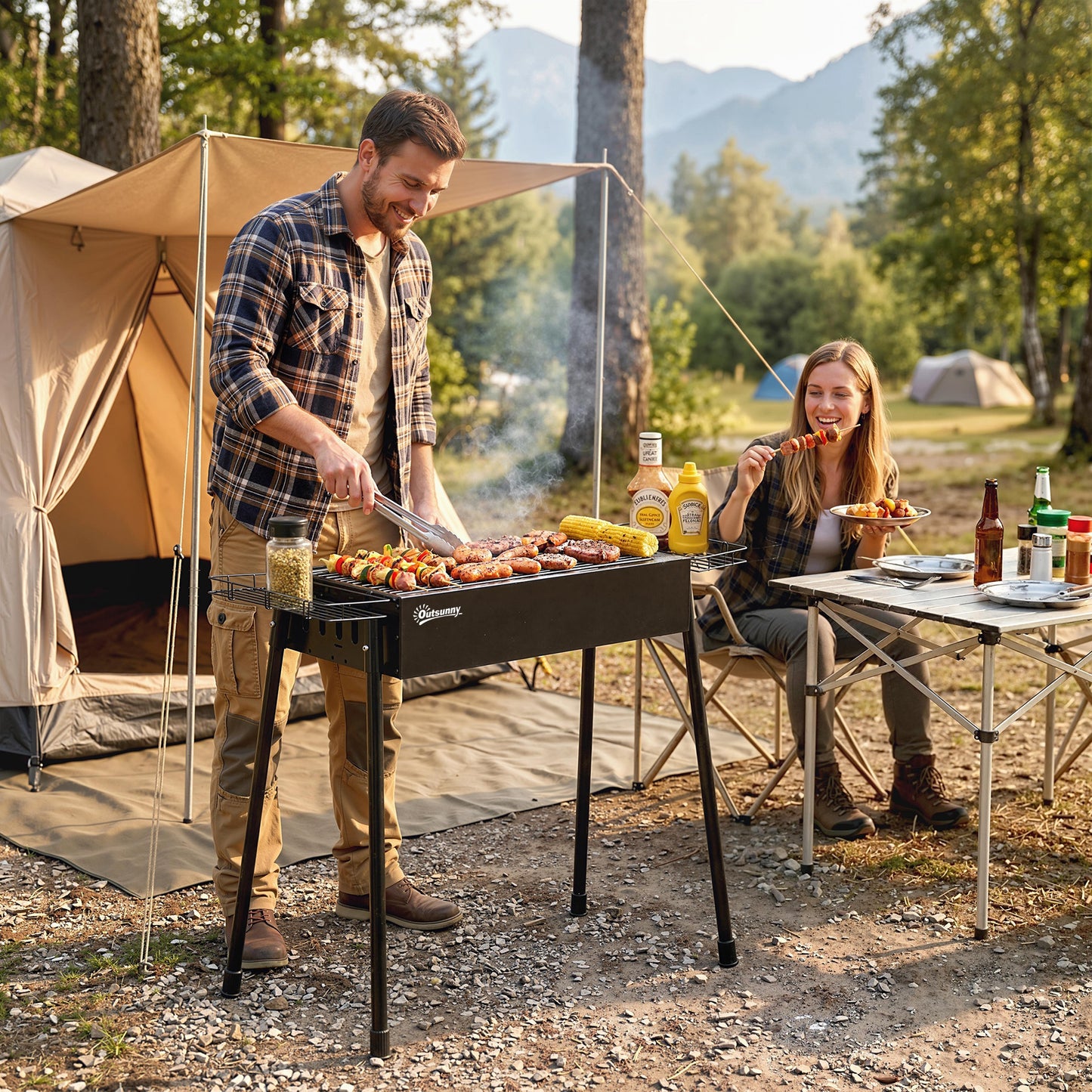 Portable Charcoal BBQ Grill with Seasoning Baskets for Camping Picnic Hiking