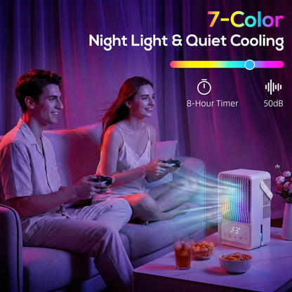 Portable Air Conditioner, 4-in-1 Mini Air Cooler with 3 Wind Speed, 2 Mist Mode, 7 Colour RGB Light, White
