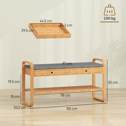Shoe Bench with 2 Drawers Cushioned Seat Shoe Storage Bench for Hallway 105 cm Natural and Grey