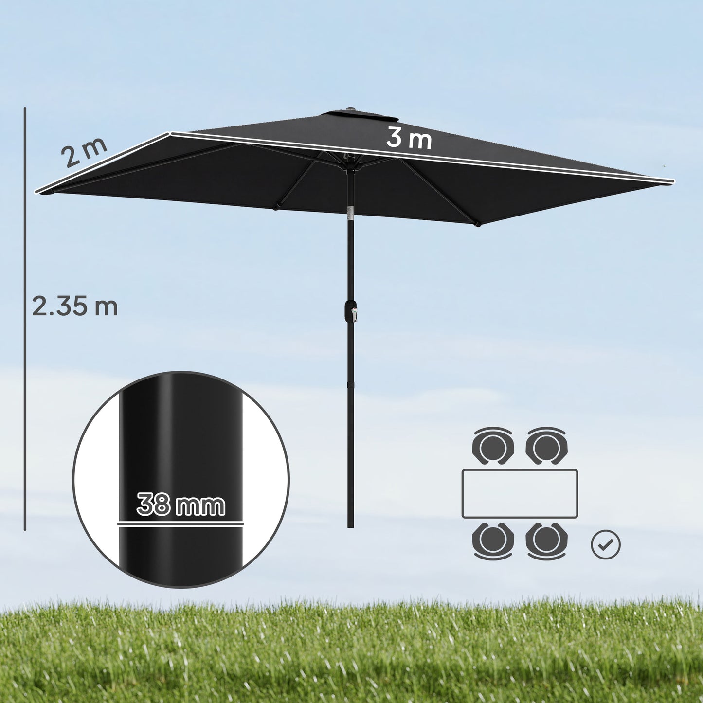 Garden Parasol, Parasol Umbrella with Crank Handle, Tilt Function, Polyester Canopy, Black