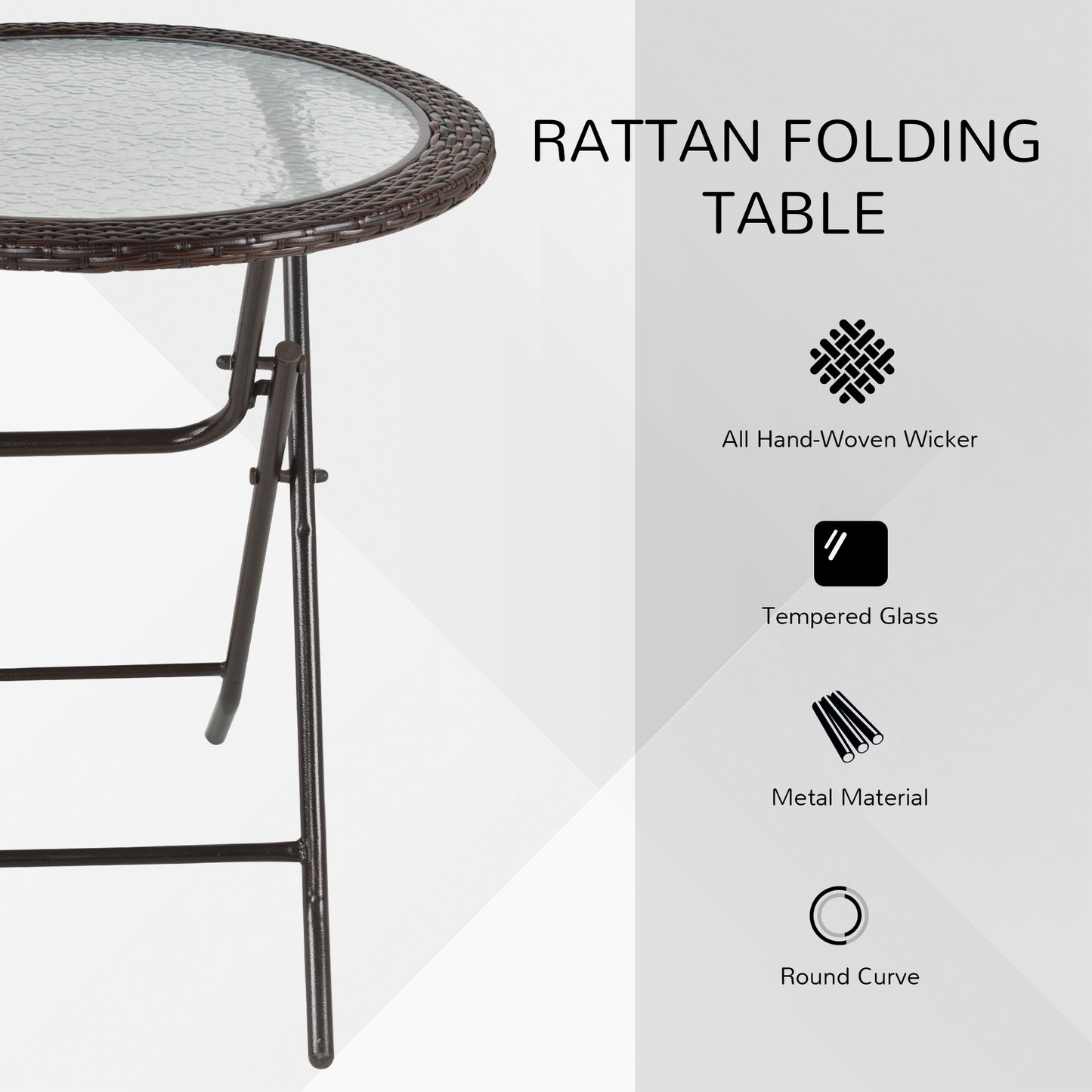 Folding Rattan Garden Dining Table, 68 cm Round Rattan Garden Table with Water Ripple Tempered Glass Top