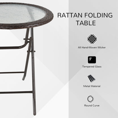 Folding Rattan Garden Dining Table, 68 cm Round Rattan Garden Table with Water Ripple Tempered Glass Top