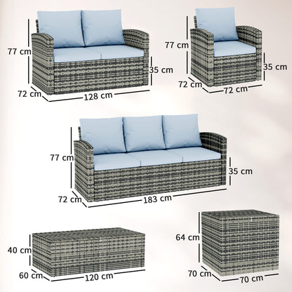 6 Pieces Rattan Garden Furniture Set, 7 Seater Wicker Outdoor Furniture Set with Storage Tea Table & Side Table