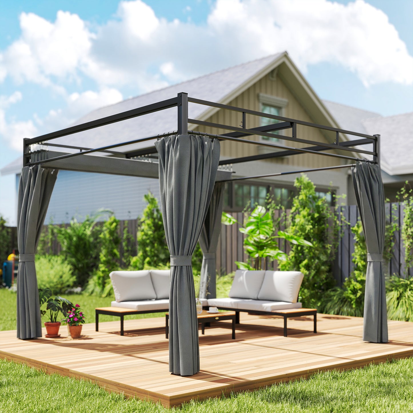 3 x 3 m Pergola with Retractable Roof Canopy and Curtains, UPF30+ Metal Frame Garden Pergola Gazebo Sun Shade, Dark Grey