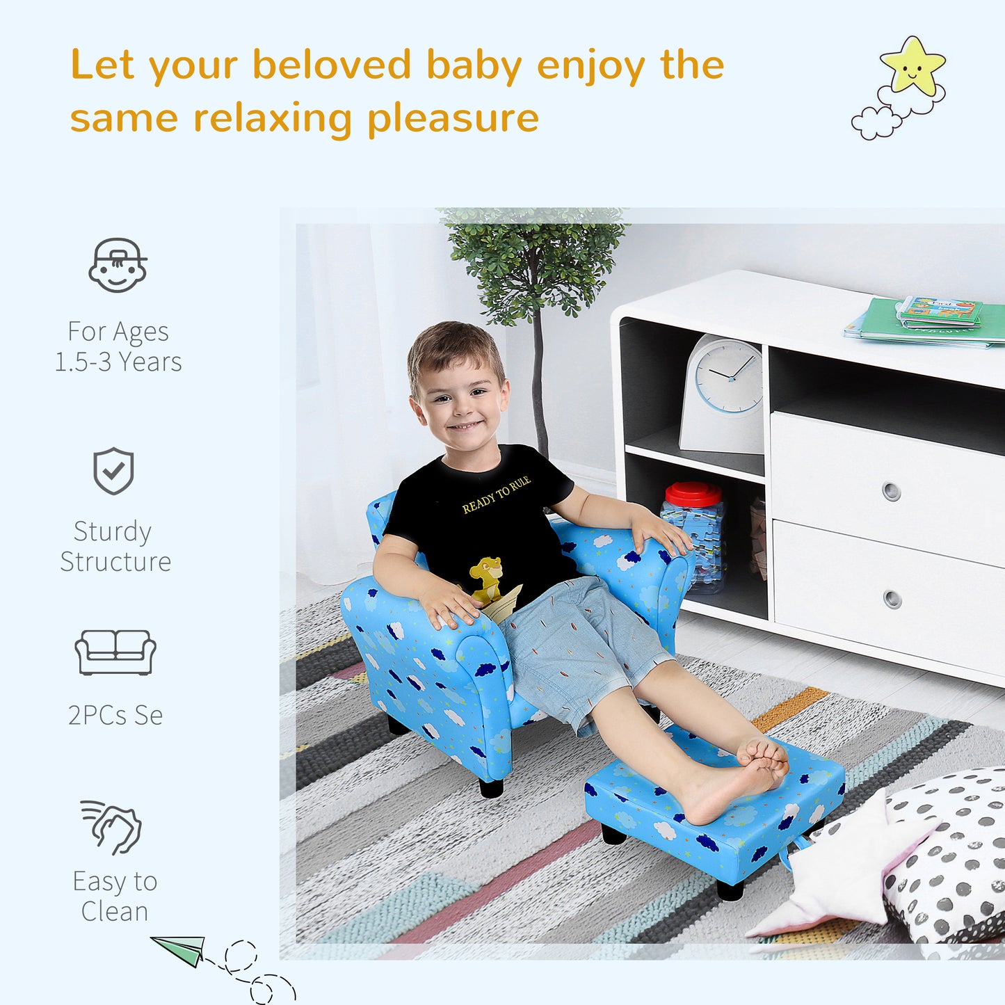 Toddler Chair Children's Armchairs Wood Frame w/ Footrest Anti-Slip Legs High Back Arms for Bedroom Playroom Cute Cloud Star