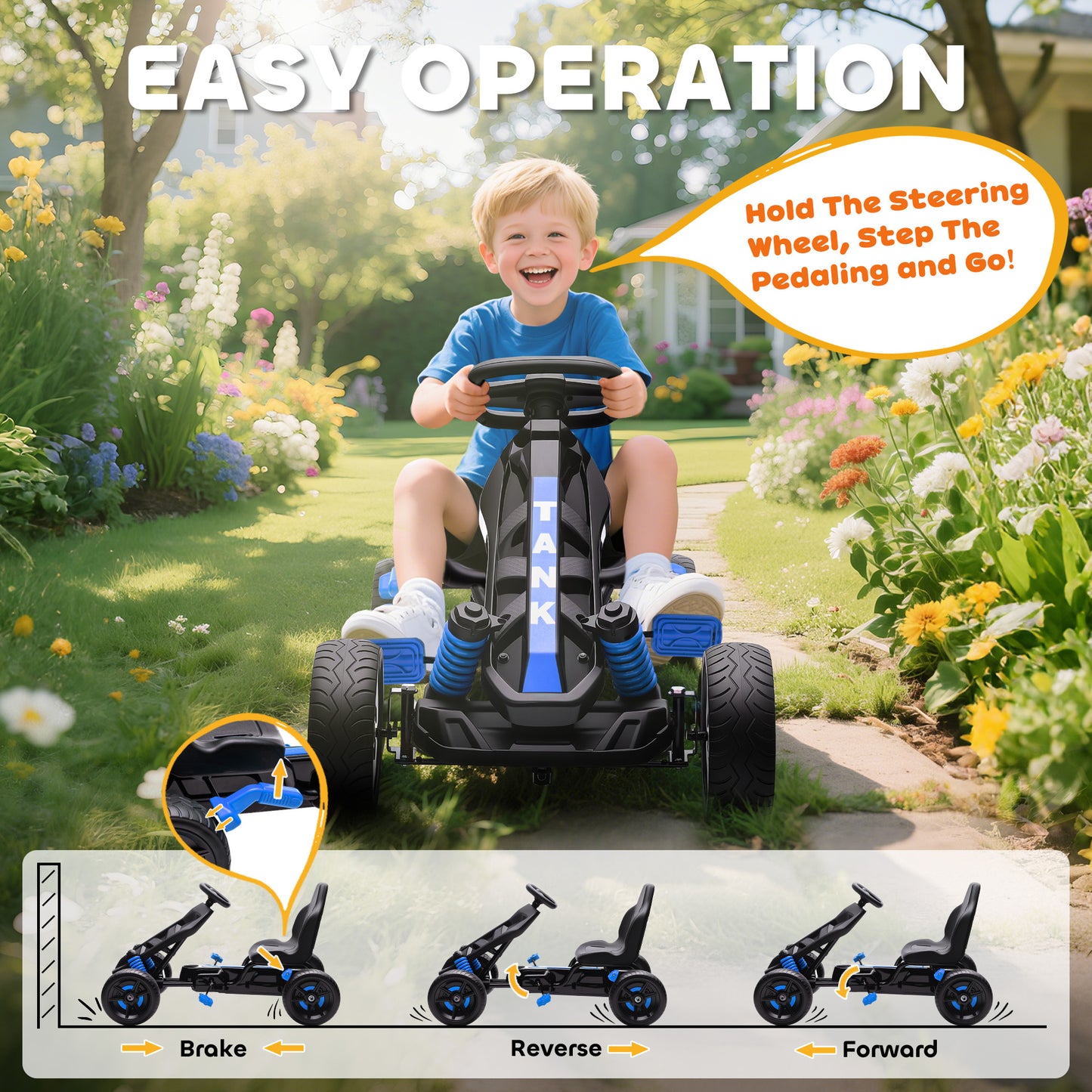 Pedal Go Kart for Kids Aged 3-6 Years, with Freewheel System, Brake, EVA Anti-Slip Wheels, Blue