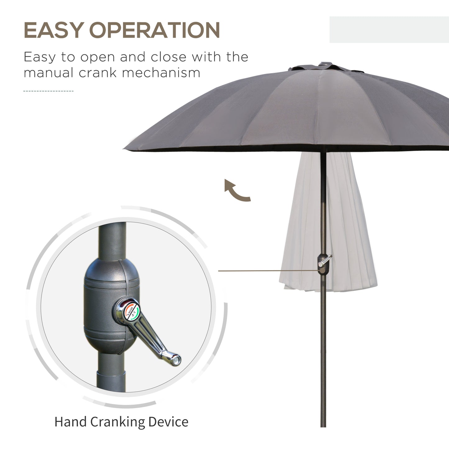 2.5m Shanghai Garden Parasol Umbrella with Crank & Tilt, Adjustable Outdoor Sun Shade, Grey