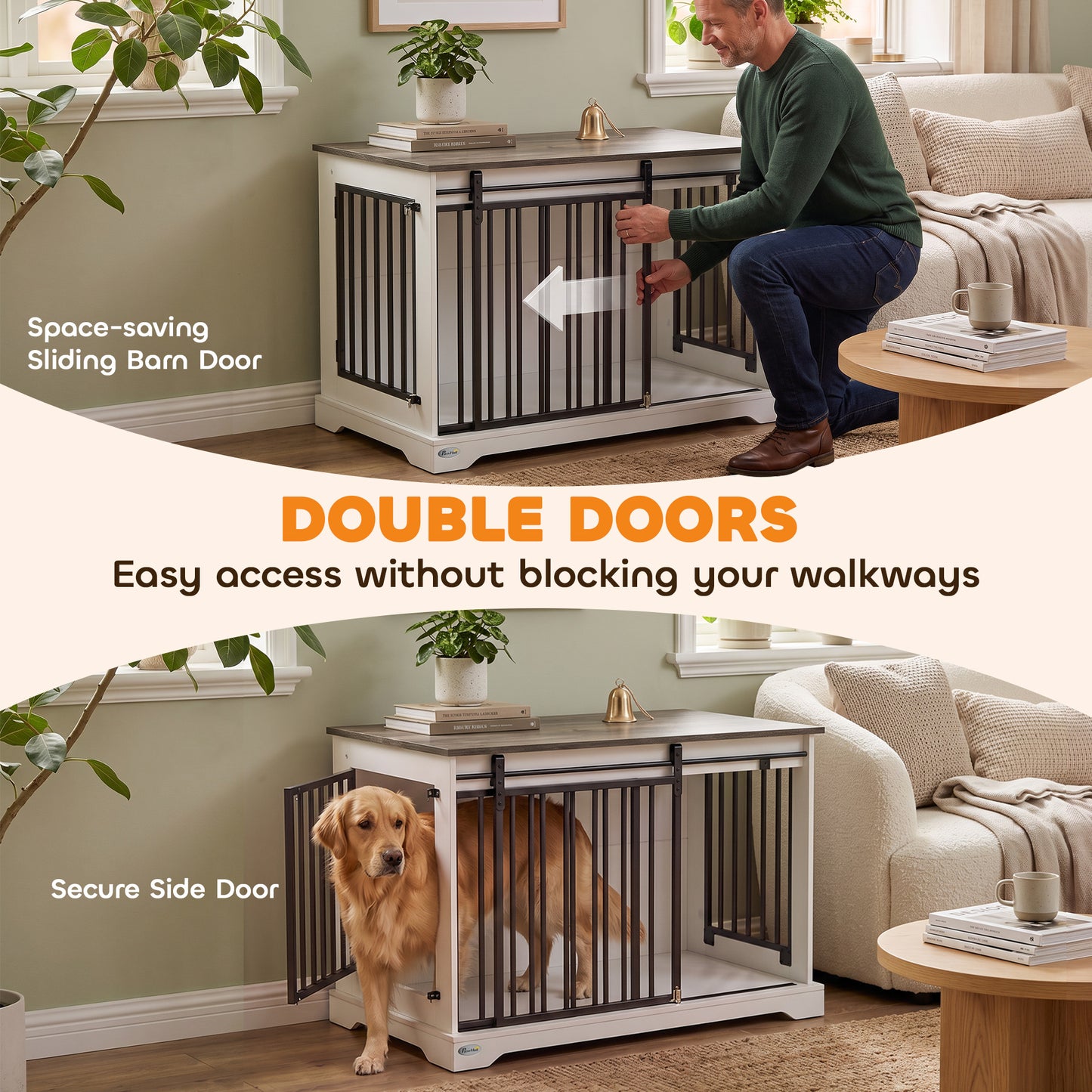 100 cm Large Dog Crate Furniture with Sliding Barn Door for Large Dogs, White