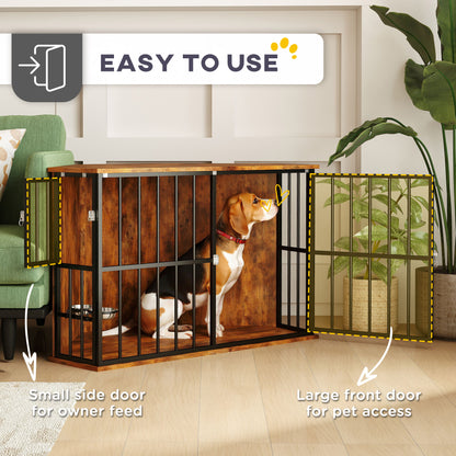 Corner Dog Crate Furniture with Two Bowls, Lockable Doors, for Small, Medium Dogs, Rustic Brown