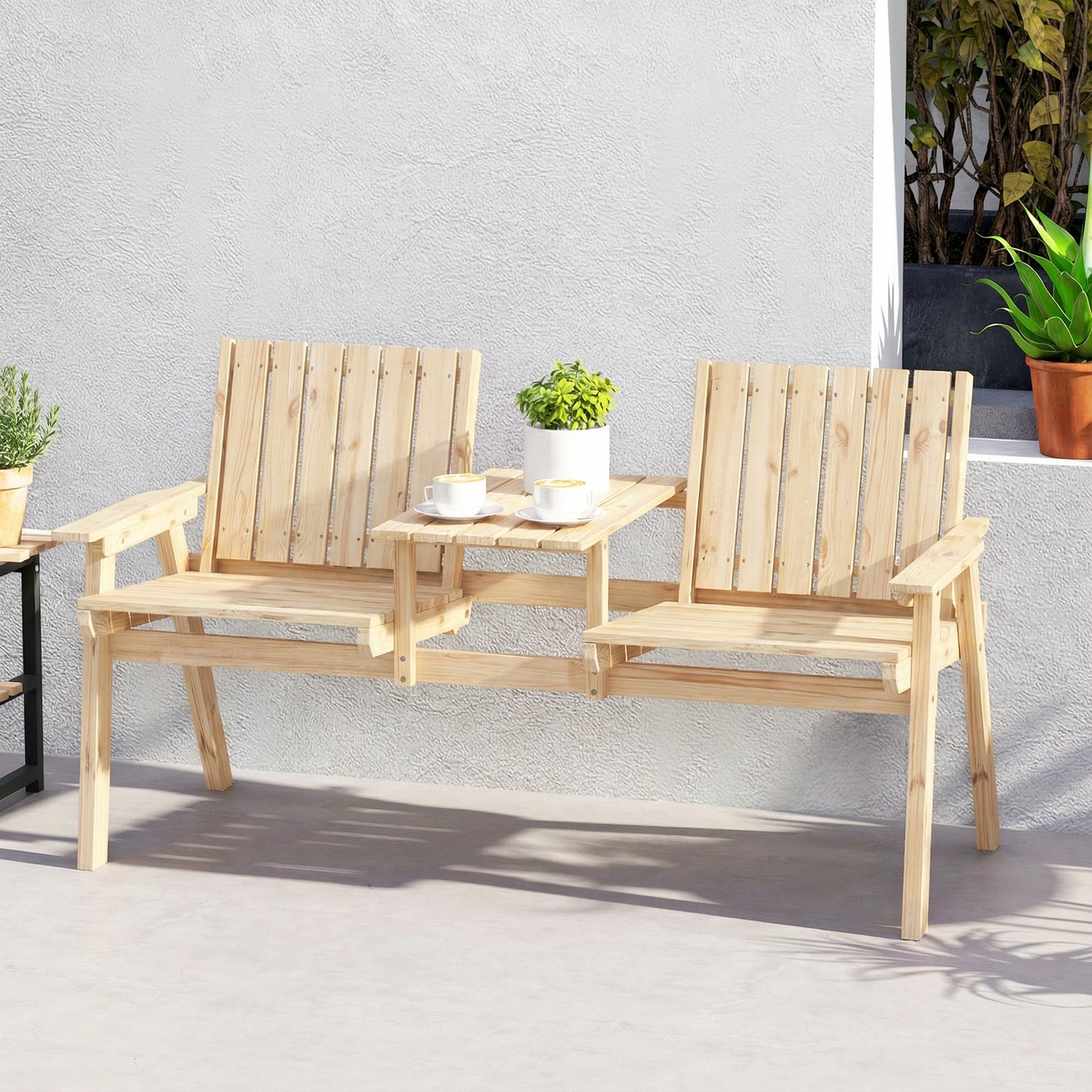 2-Seater Garden Loveseat with Table and Parasol Hole for Porch, Patio, Natural Wood Finish