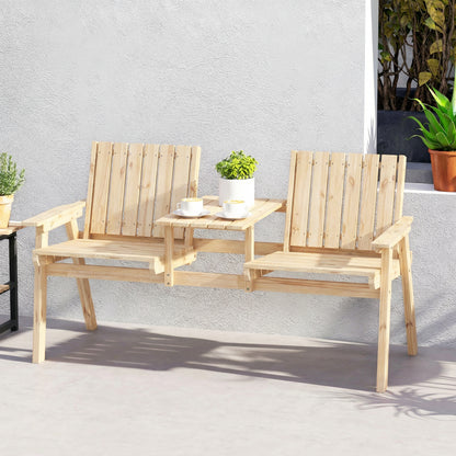 2-Seater Garden Loveseat with Table and Parasol Hole for Porch, Patio, Natural Wood Finish