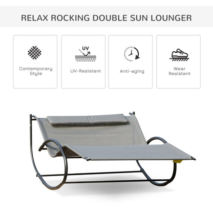 Double Sun Lounger, Rocking Lounger Sunbed Daybed with Armrest and Headrest Pillow, for Two, For Outdoor Patio Garden, Grey