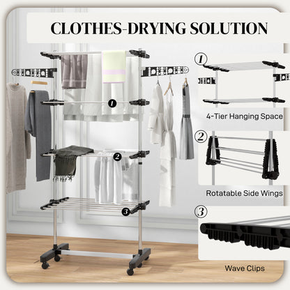 Four-Shelf Collapsing Clothes Horse, With Side Arms and Wheels - Black