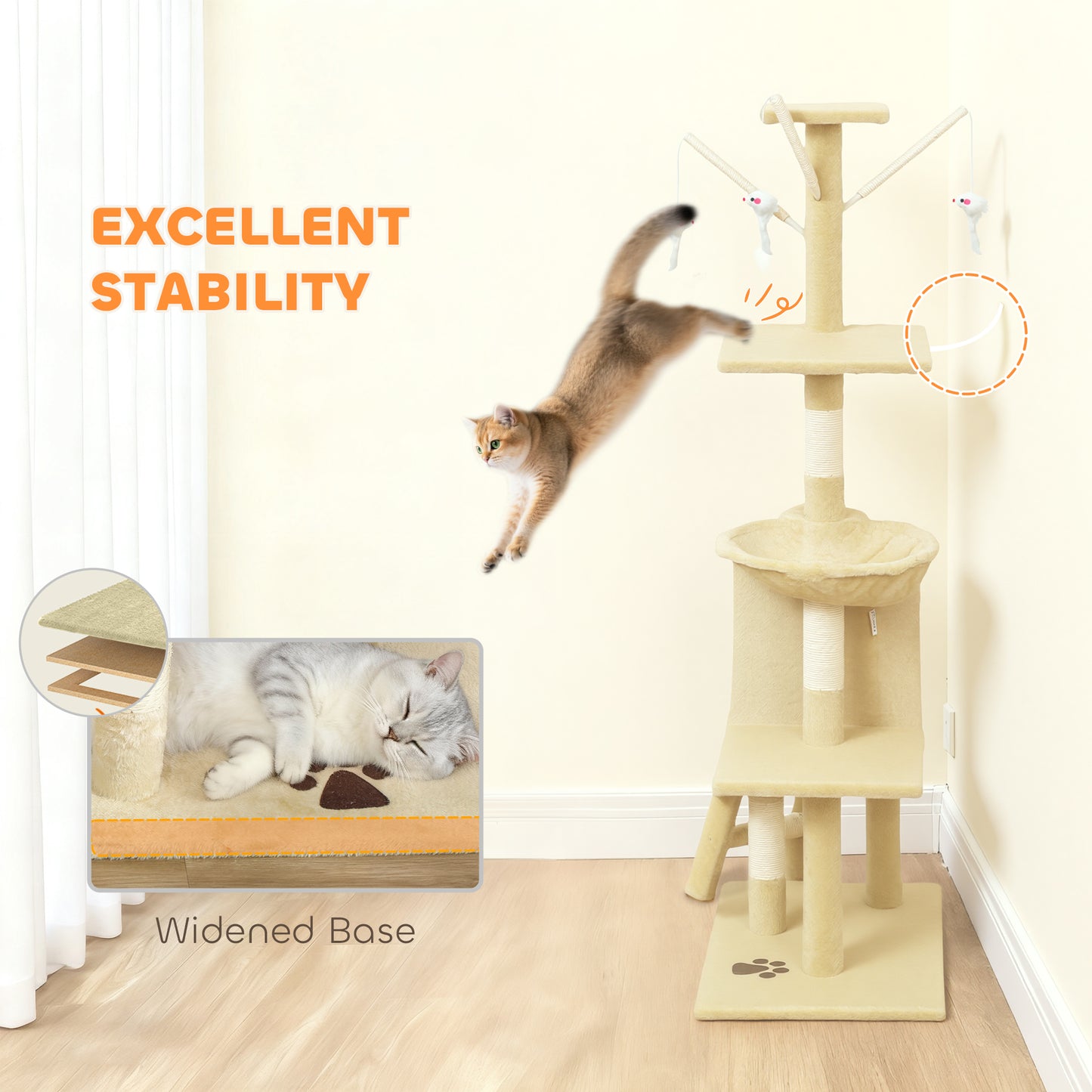 Multi-Level Cat Tower, 134cm Cat Tree with Condo and Sisal Scratching Posts for Indoor Kittens, Beige