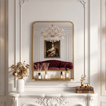 Modern Rectangular Wall Mirror with Storage Shelf, 70 x 50 cm, Gold Tone