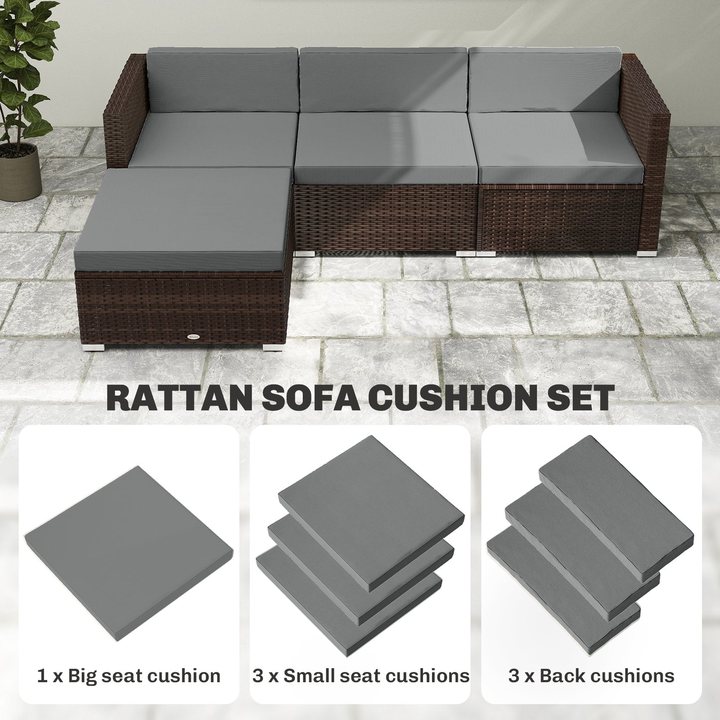 7-Piece Patio Furniture Cushions, Outdoor Loveseat Cushion with Removable Covers for Rattan Furniture, 60x60 cm, Dark Grey