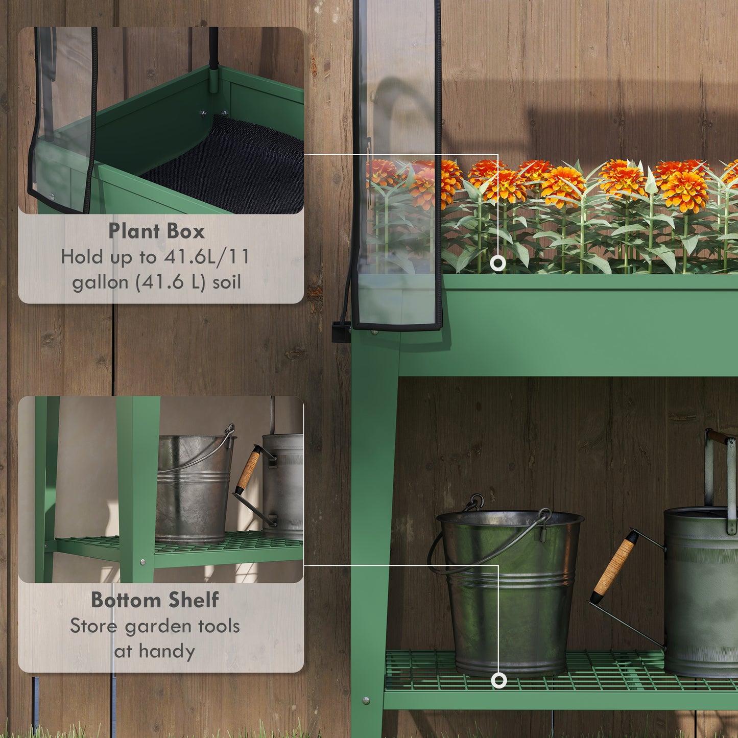 Raised Planter with Greenhouse Cover, Mobile Elevated Garden Bed with Wheels and Bottom Shelf for Vegetables, Green