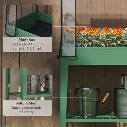 Raised Planter with Greenhouse Cover, Mobile Elevated Garden Bed with Wheels and Bottom Shelf for Vegetables, Green