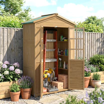 Outdoor Wooden Storage Cabinet, Garden Tool Shed with Acrylic Windows for Patio, Light Brown