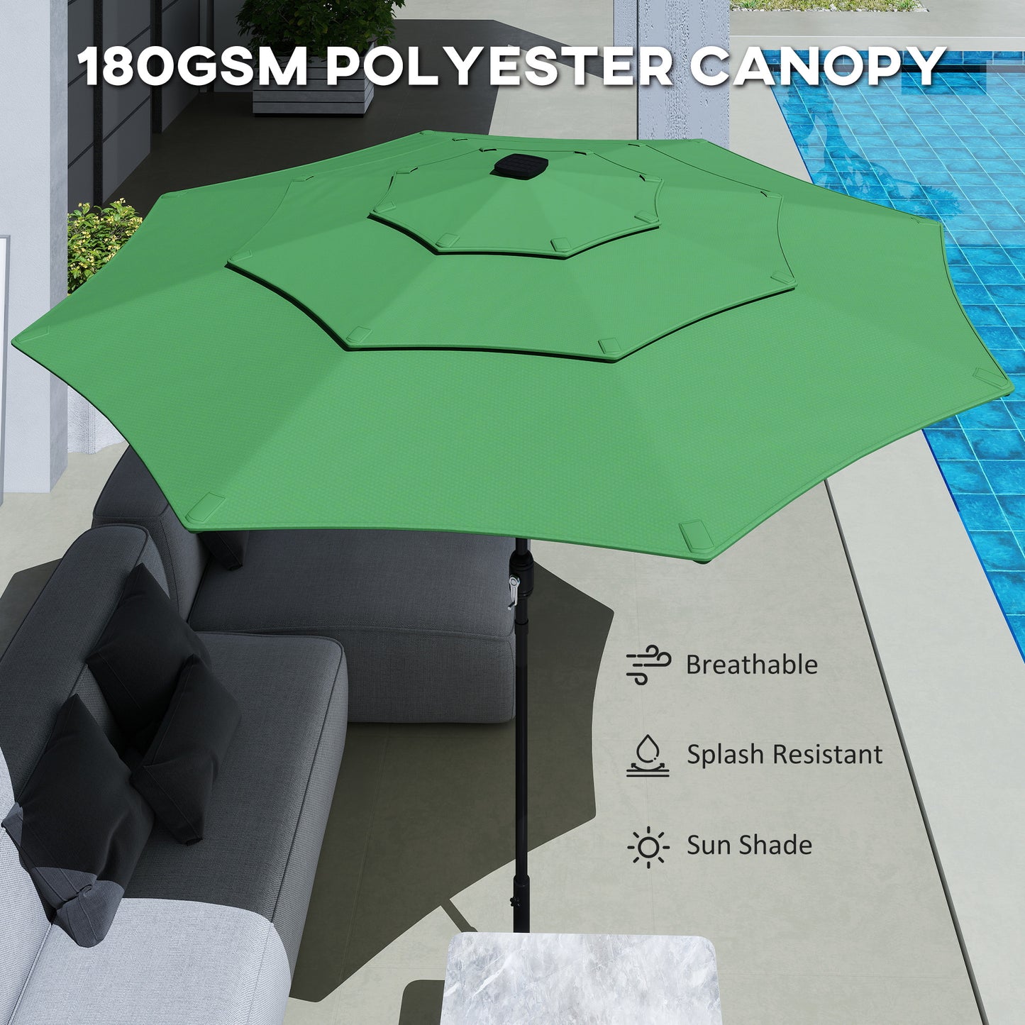 Garden Parasol, Parasol Umbrella with 3-tier Roof, Crank Handle, Tilt Function, Polyester Canopy, Green