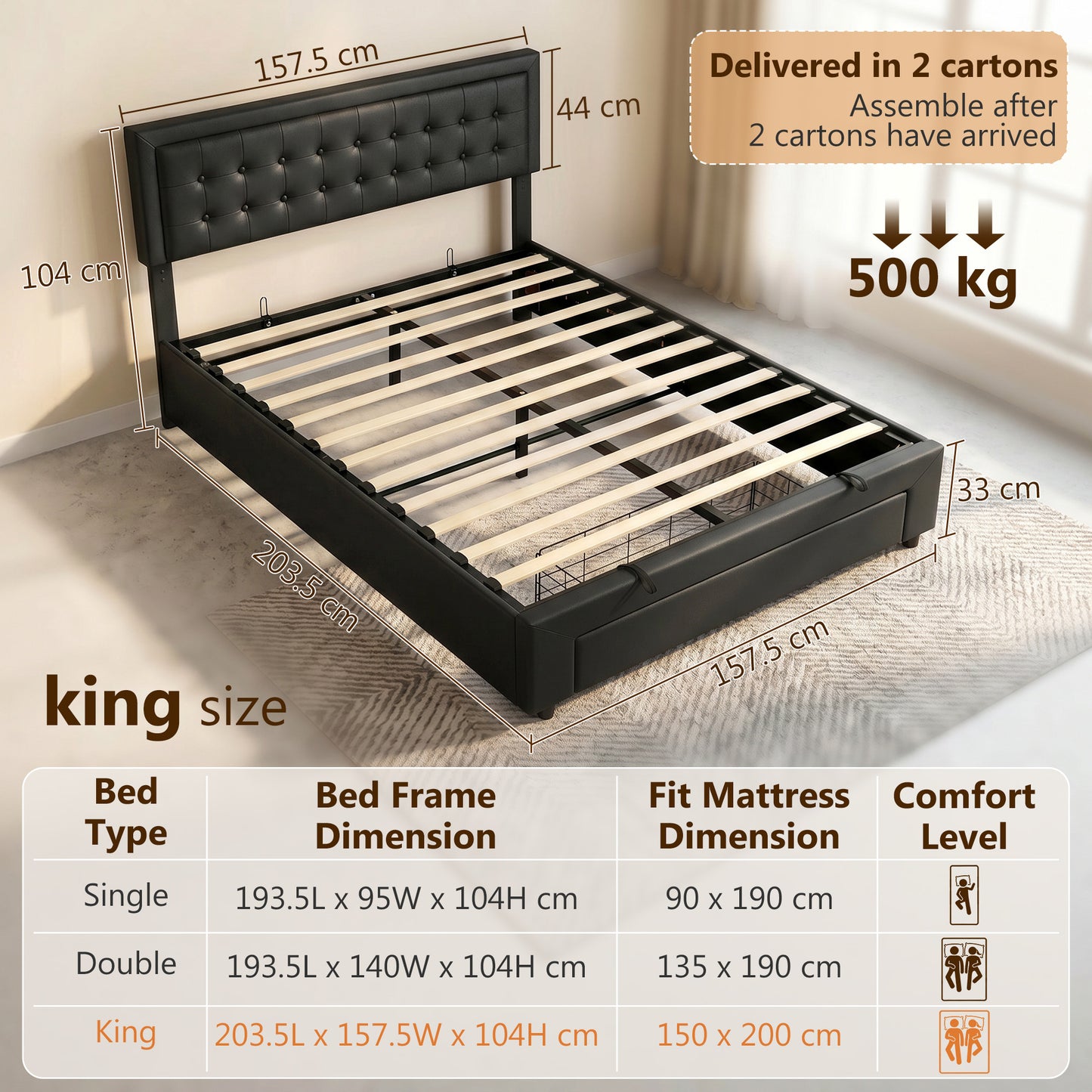 PU Leather King Size Ottoman Bed Frame, with Front Drawer - Black