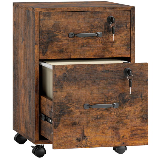 Rolling File Cabinet with 2 Drawers, Mobile Filing Cabinet with Hanging File Folder for Letter Sized Documents, Rustic Brown