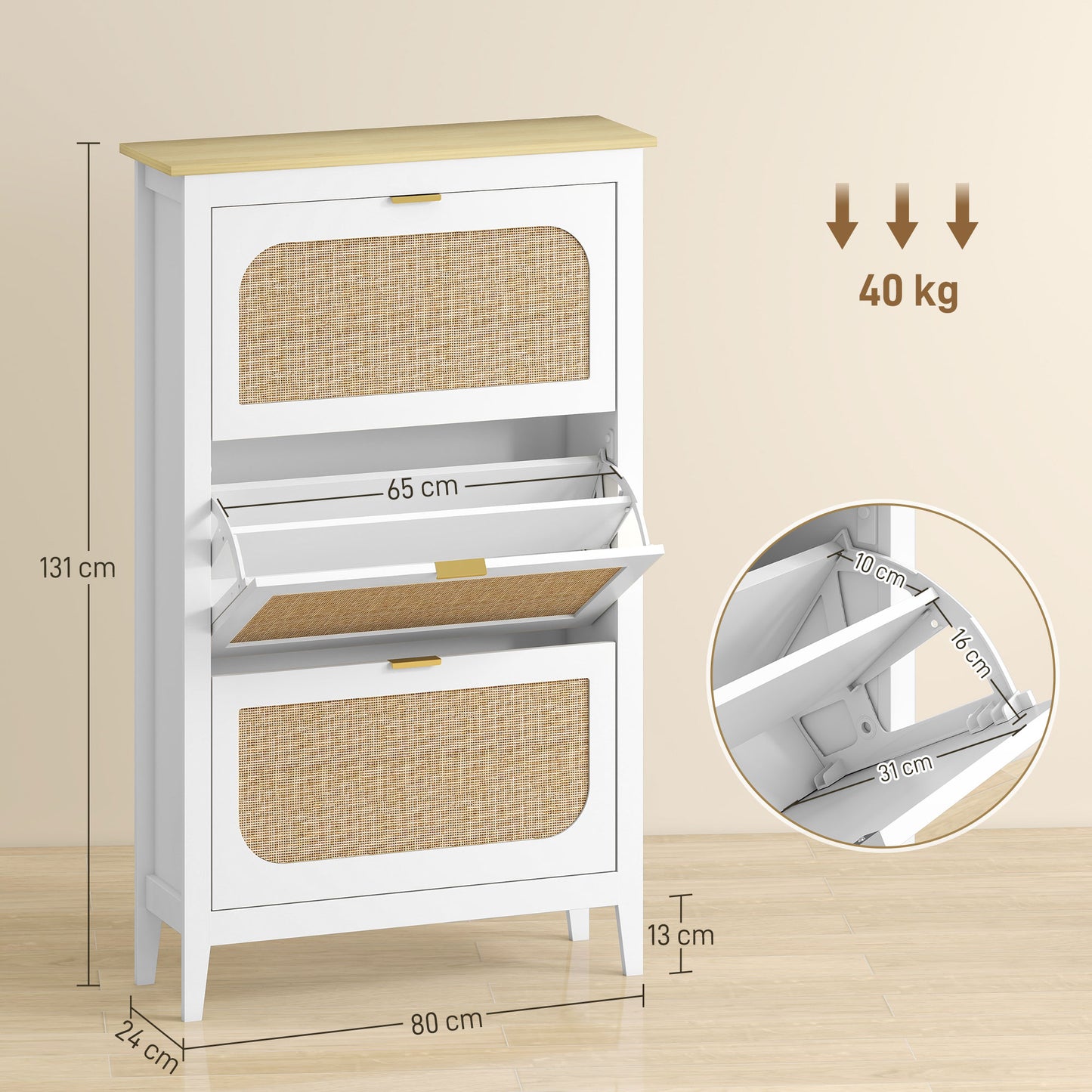 Narrow Shoe Cabinet, Boho Slim Shoe Storage Cabinet with 3 Flip Drawers, Holds 21 Pairs, White
