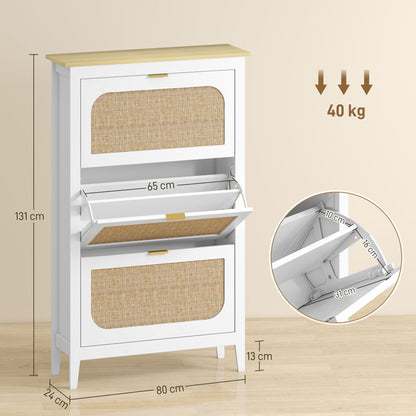 Narrow Shoe Cabinet, Boho Slim Shoe Storage Cabinet with 3 Flip Drawers, Holds 21 Pairs, White