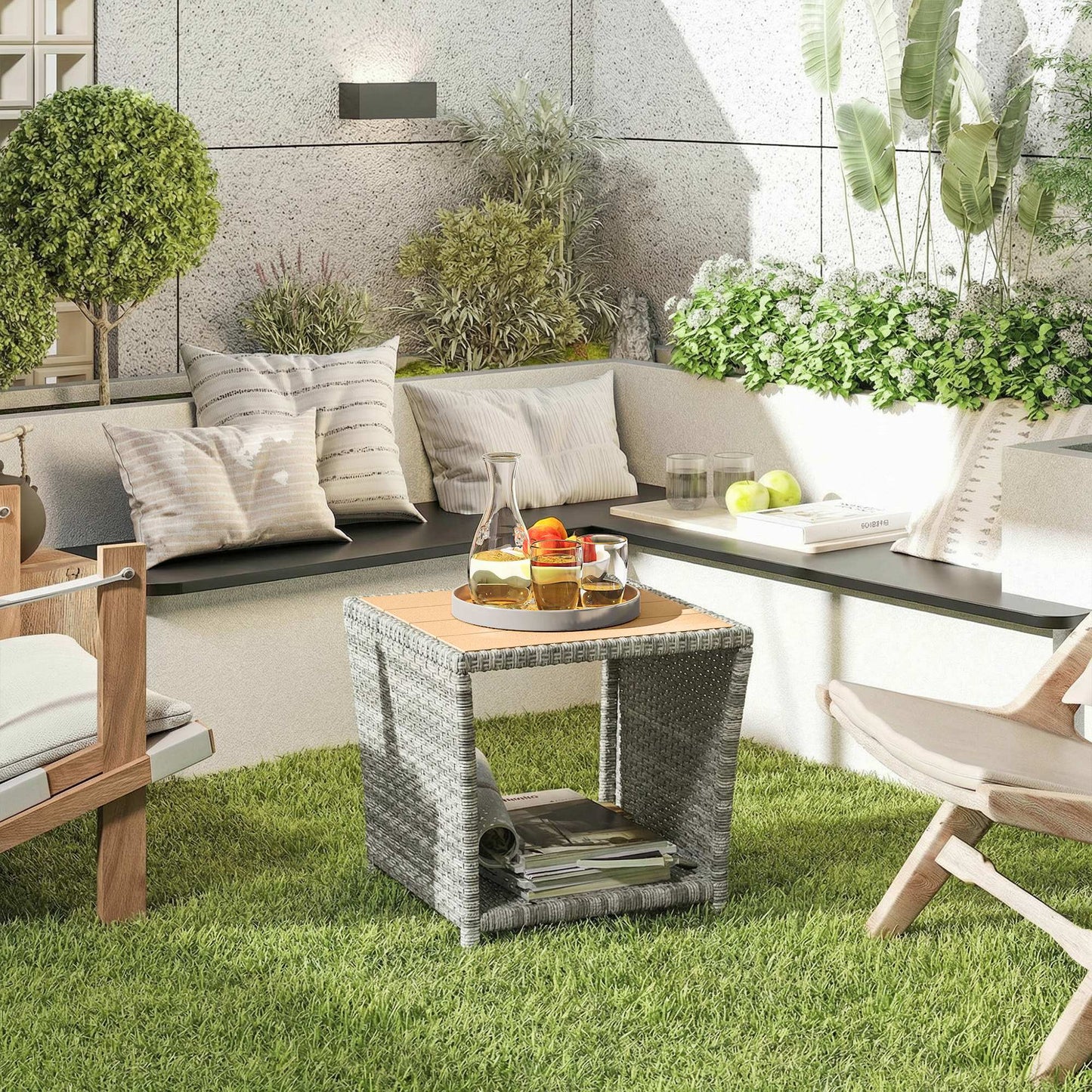 Side Table 2-Tier Outdoor Coffee Table with Storage Shelf PS Wood Slat Top/Light Grey