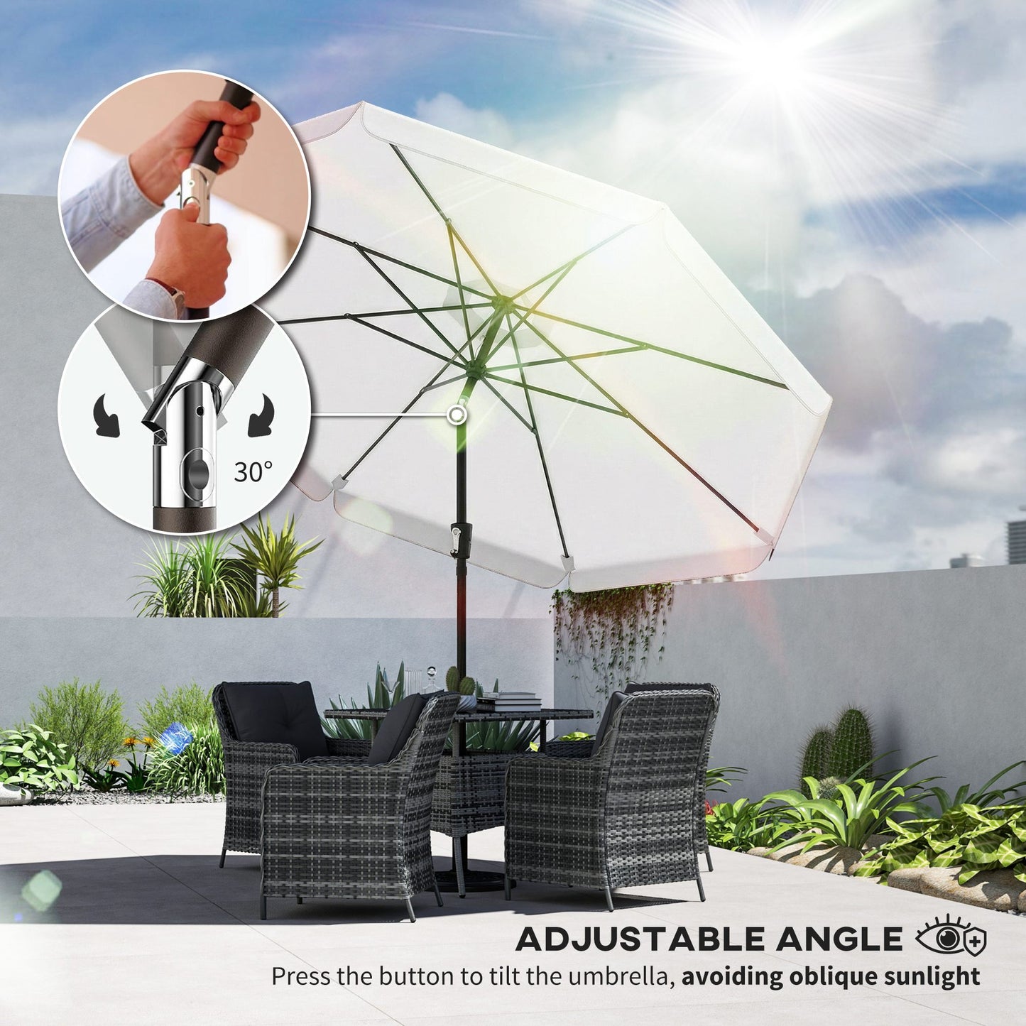 3 m Garden Parasol with Tilt Mechanism & Crank Handle, UPF 30+ Patio Umbrella Outdoor Table Umbrella, Cream White