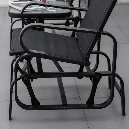 3 Pieces Garden Gliding Chair Set, Metal Frame 2 Single Armchair Swing Seater and 1 Glass Top Coffee Table w/ Breath Mesh Fab