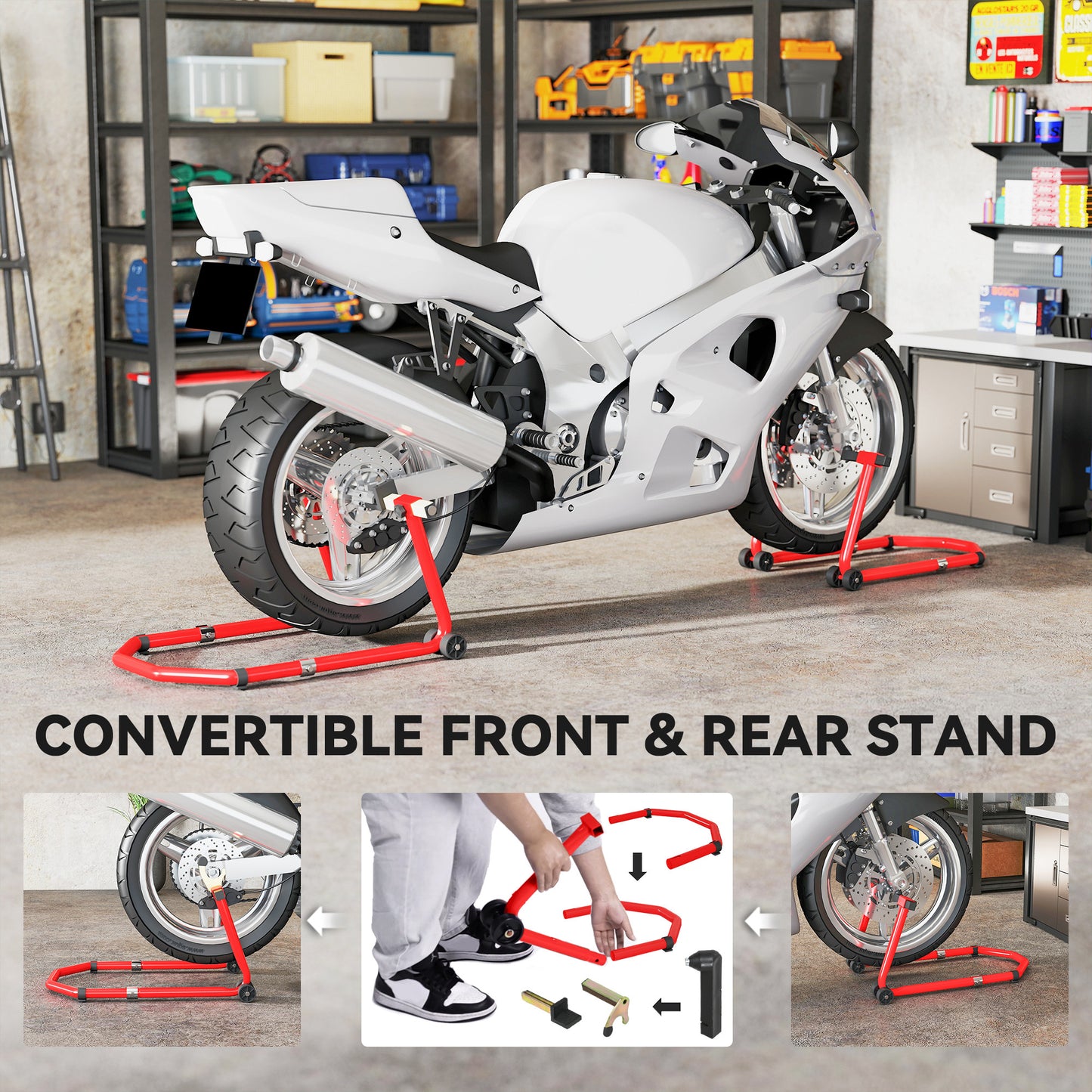 Motorcycle Stand, Front/Rear Paddock Stand, with 390 kg Weight Capacity, Red