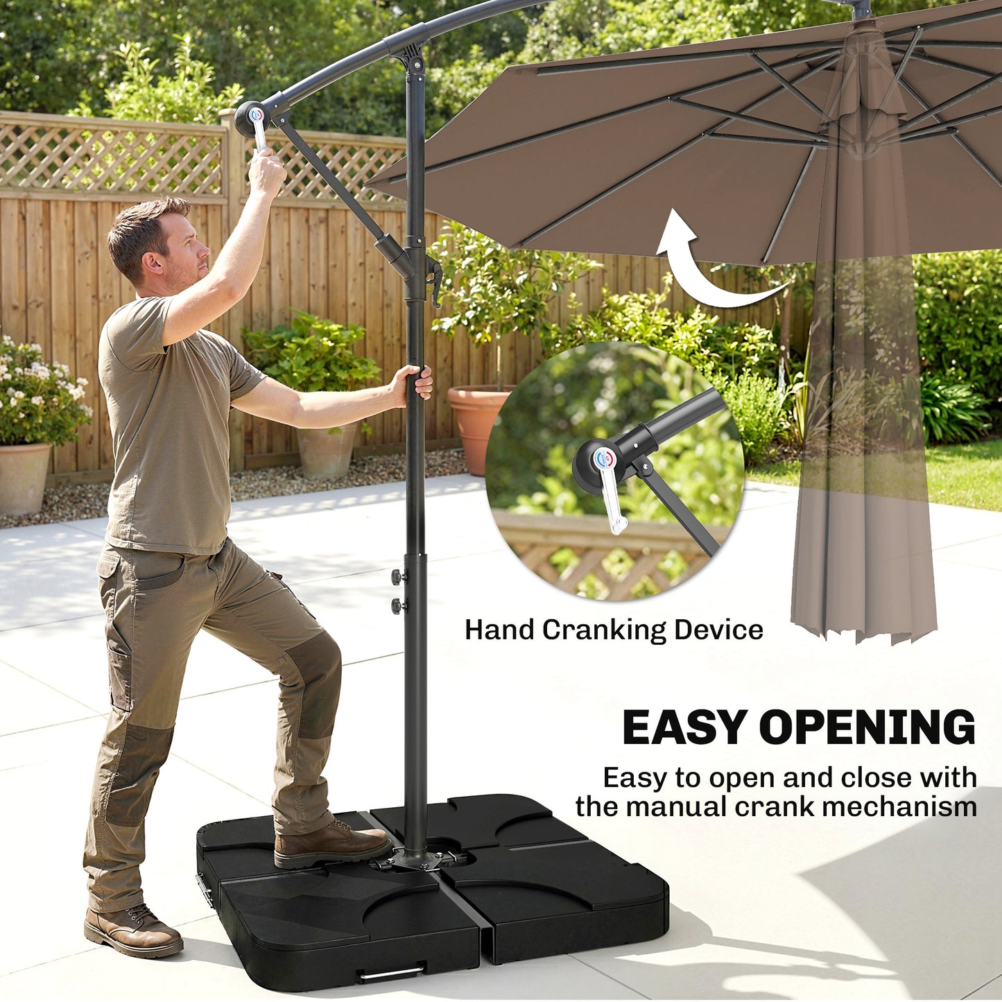 3m Overhanging Parasol, with Base, Weights and Cover - Coffee