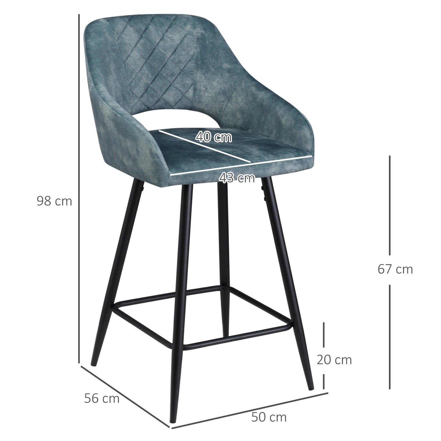 Bar Stools Set of 2, Velvet-Touch Fabric Counter Height Bar Chairs, Kitchen Stools with Steel Legs for Dining Area