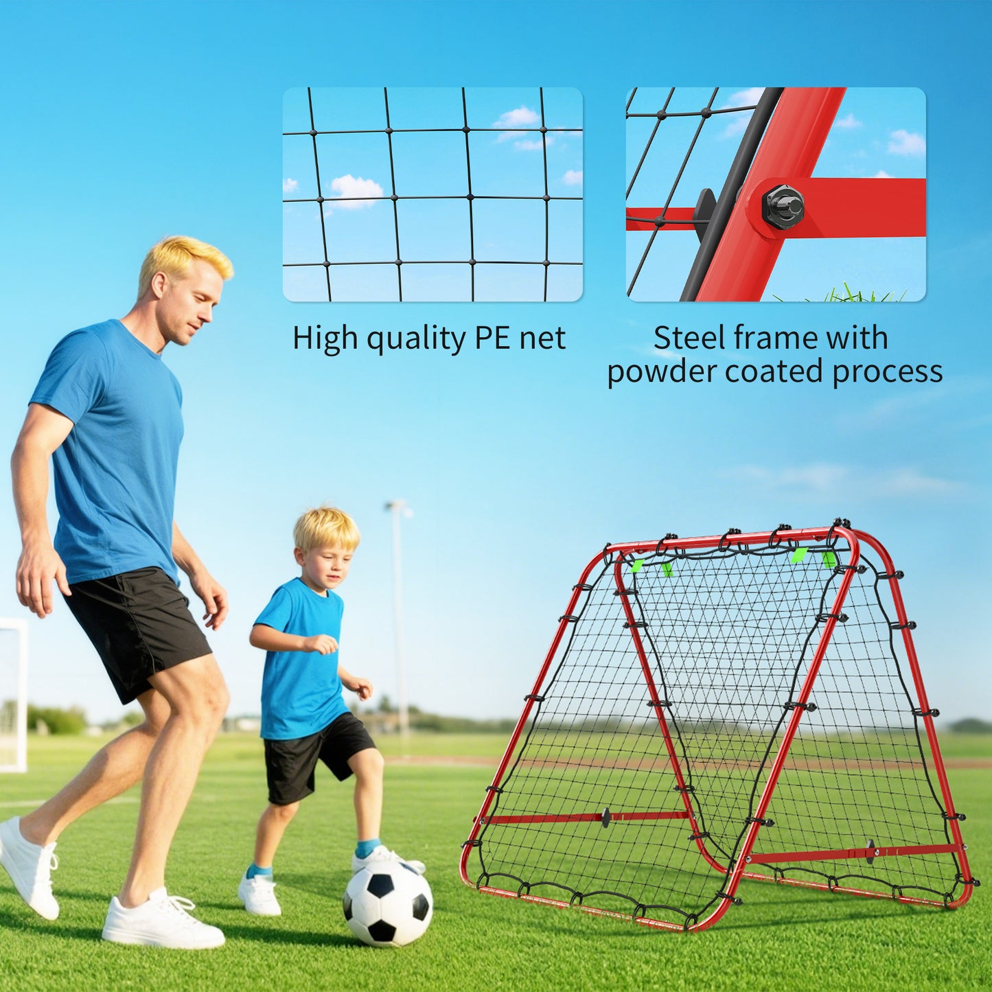 Double Sided Football Rebounder Net, Football Rebound Goal with Five Adjustable Angles, Red