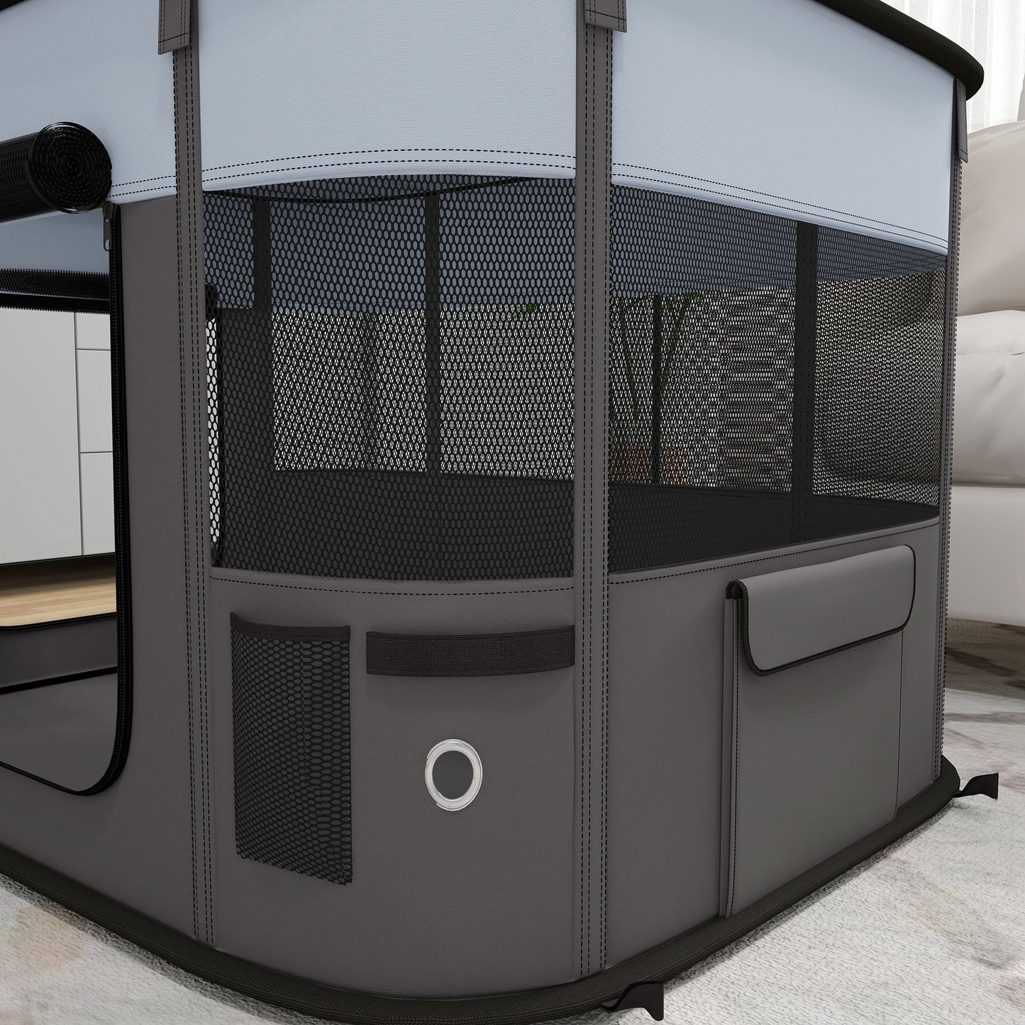 Foldable Dog Pen with Storage Bag for Indoor/Outdoor Use - Grey