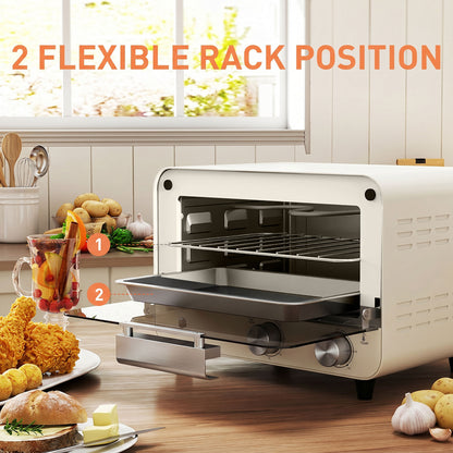 Mini Oven, Small Toaster Oven with Glass Door, Adjustable Temperature and Timer, Accessory Included, 750W, Cream White